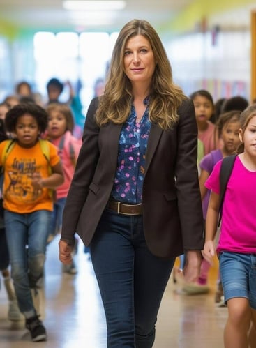 school psychologist in a hallway with children
