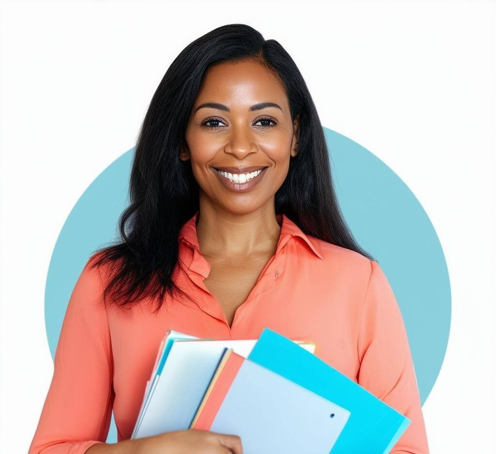 The image is a professional school psychologist holding several file folders and a laptop