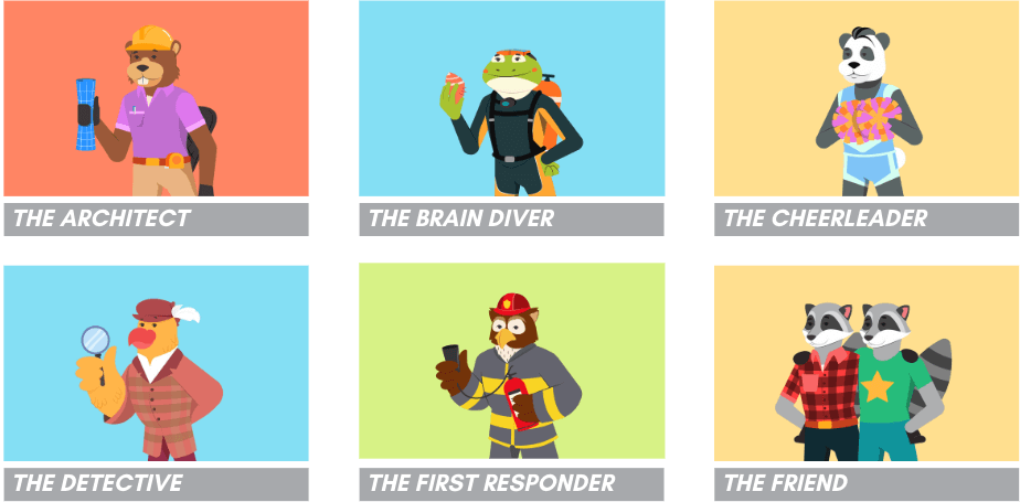 Six small colored blocks with animal cartoon characters with the following names: the architect, brain diver, cheerleader, detective, first responder, and the friend.
